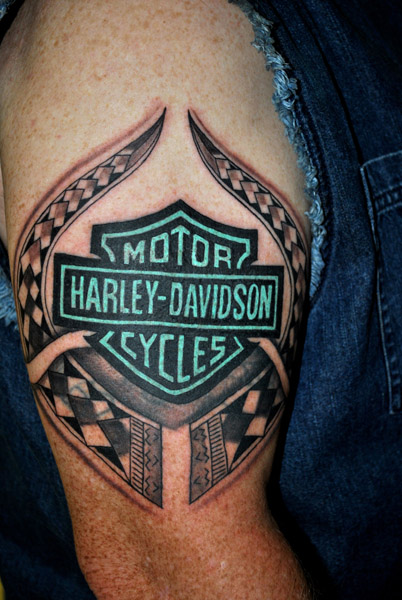 Attractive Harley Davidson Bike Logo Tattoo On Right Half Sleeve