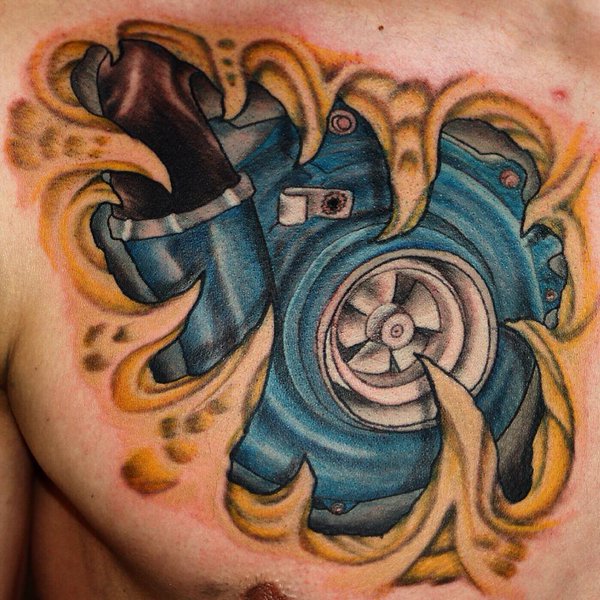 Awesome 3D Blue Turbo Charger Tattoo On Chest