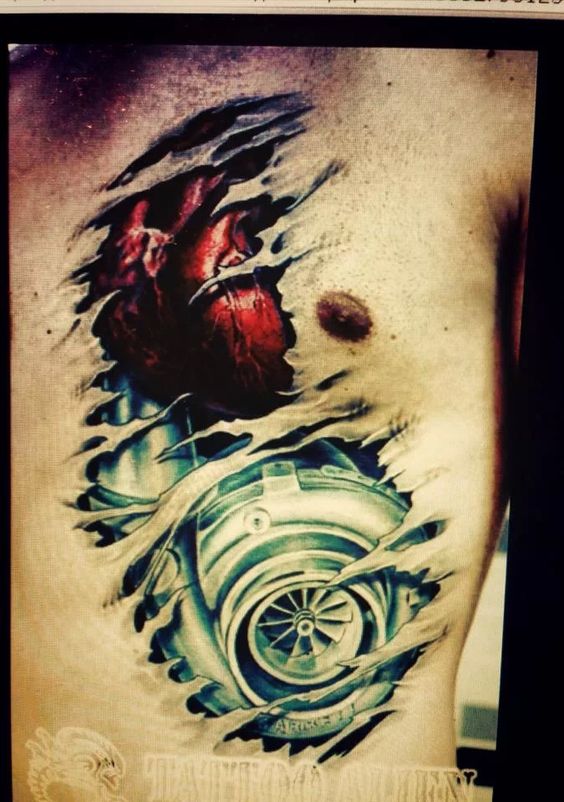 Awesome 3D Heart And Turbo Tattoo On Chest