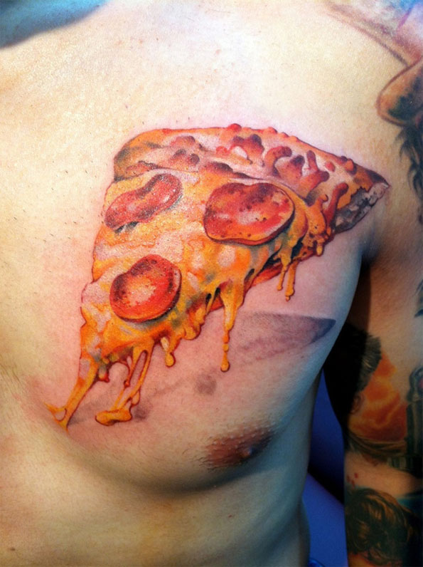 Awesome 3D Pizza Tattoo On Left Chest
