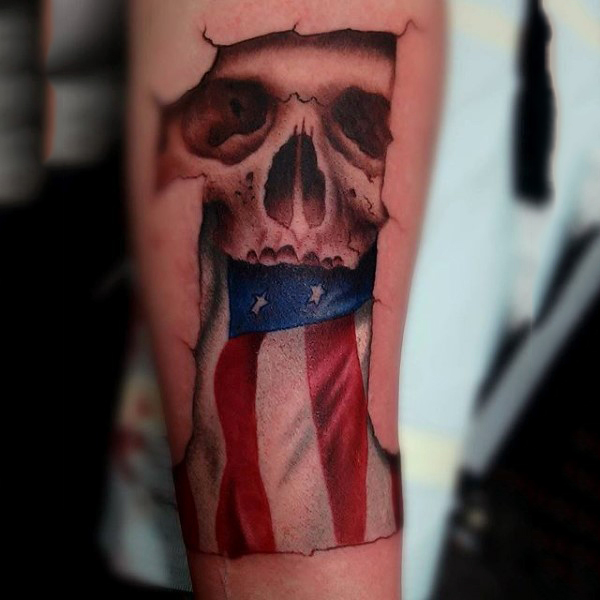 Awesome 3D Skull American Flag One Harley Logo Tattoo