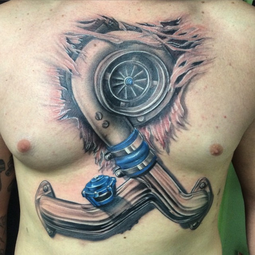 Awesome 3D Turbo Charger Tattoo On Chest