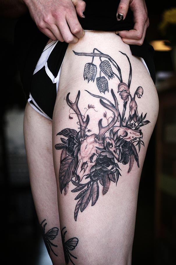 Awesome Animals Skull And Plant Tattoo On Thigh