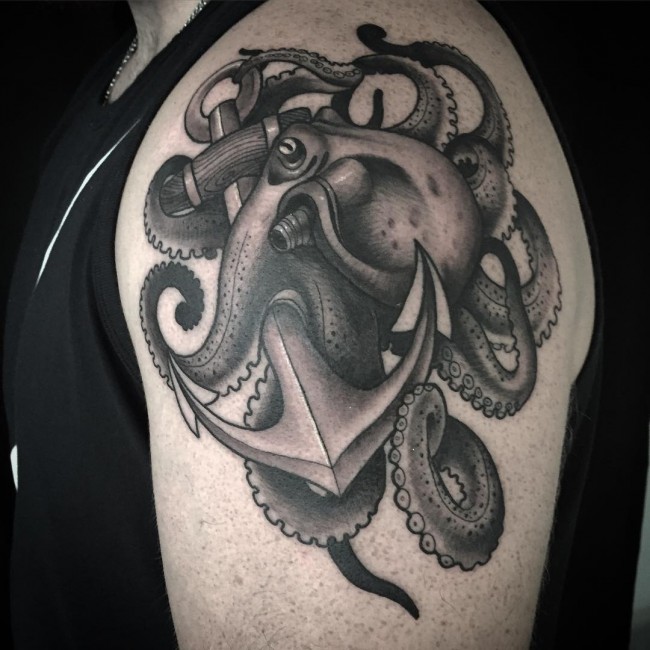 Awesome Black And Grey Octopus With Anchor Left Shoulder Tattoo