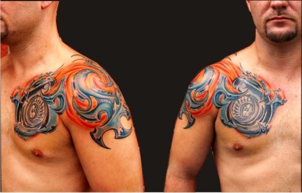 Awesome Colorful Turbo Tattoo On Chest For Men
