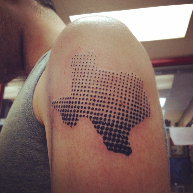 Awesome Dotwork Texas Map Tattoo On Left Shoulder