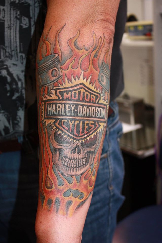 Awesome Flaming Harley Engine And Skull Tattoo On Arm Sleeve By Fortuna15