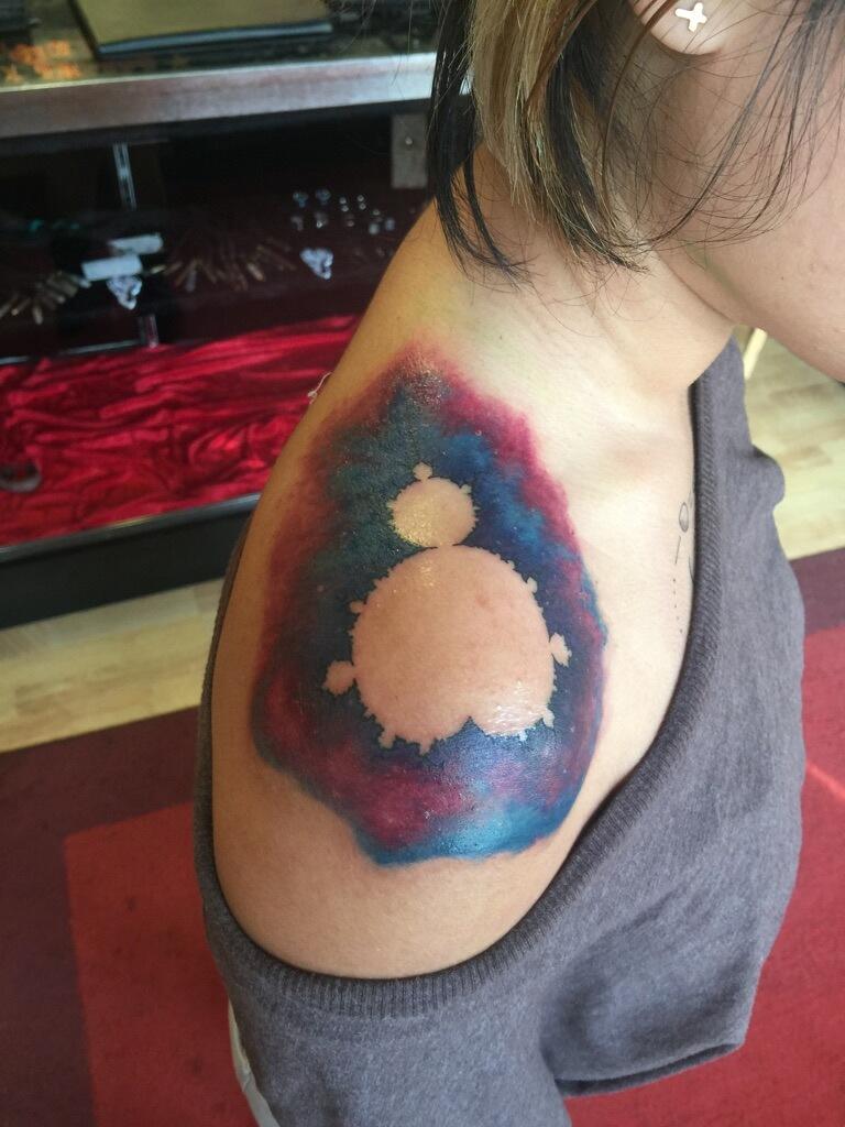 Awesome Galaxy Outline Mandelbrot Set Tattoo On Right Upper Shoulder