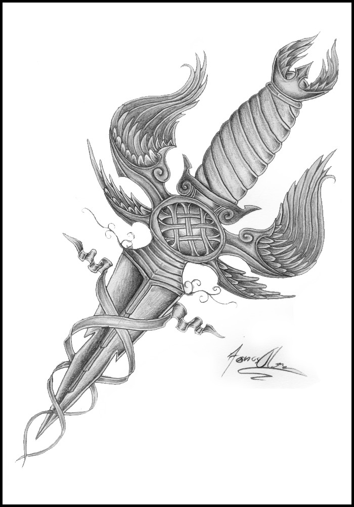 Awesome Grey Dagger Knife And Banner Tattoo Design