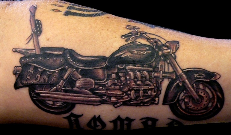 Awesome Harley Davidson Bike Tattoo On Arm