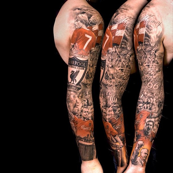 Awesome Liverpool Football Club Tattoo On Right Full Sleeve