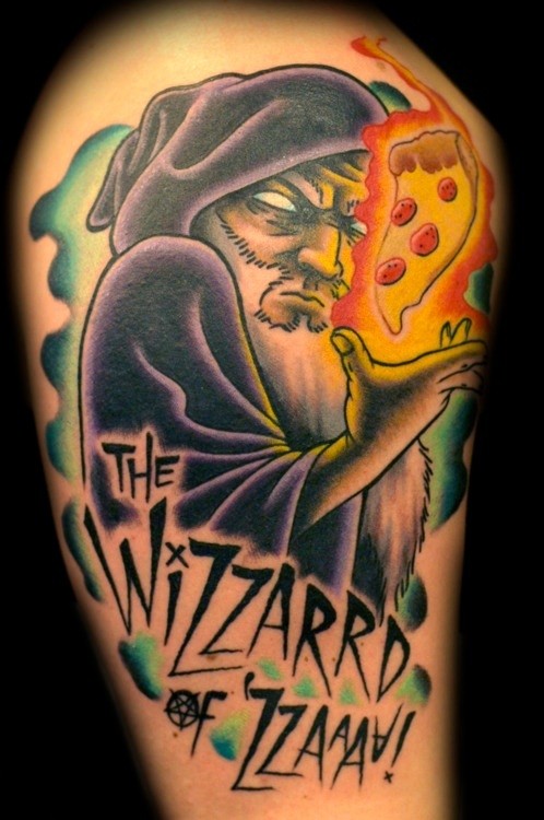 Awesome Mystique Wizard And Pizza Slice Colored Tattoo With Lettering