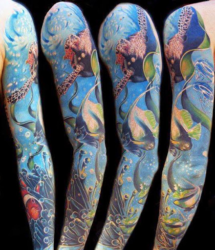 Awesome Sea Creatures In Deep Sea Water Colorful Tattoo On Full Sleeve