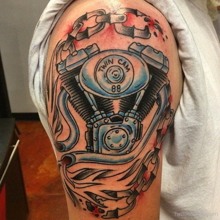 Awesome Traditional Harley Engine Tattoo On Right Shoulder
