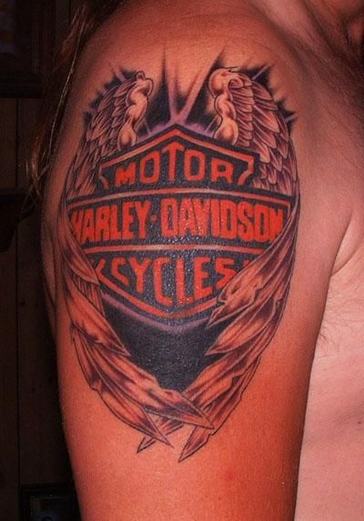Awesome Winged Harley Logo Tattoo On Right Shoulder