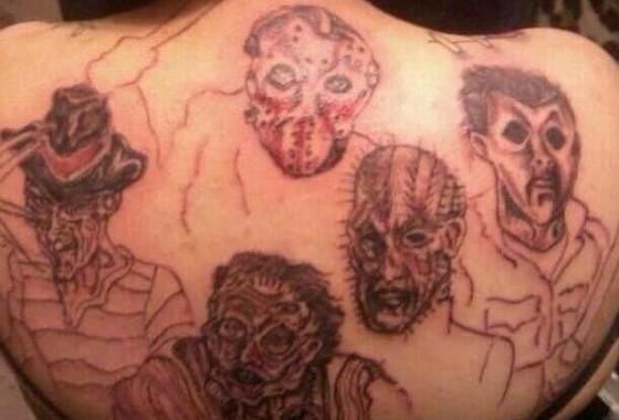 Awful Pinhead Jason And Freddy Tattoo On Upper Back