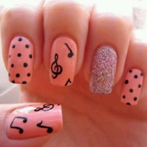 Baby Pink Nails With Black Music Notes Nail Art Design Idea