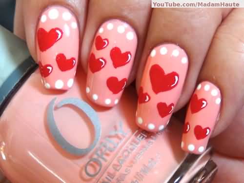 Baby Pink Nails With Red Hearts Nail Art