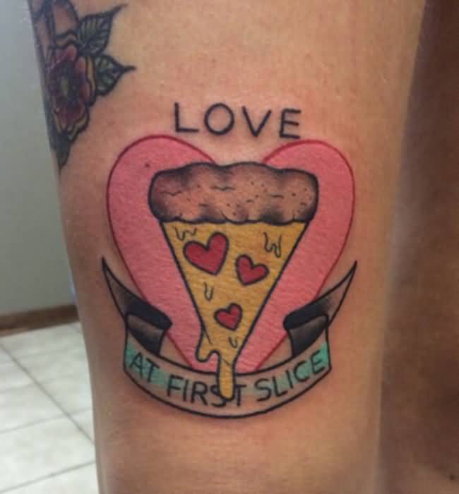 Banner And Pizza Slice With Heart Shape Tattoo