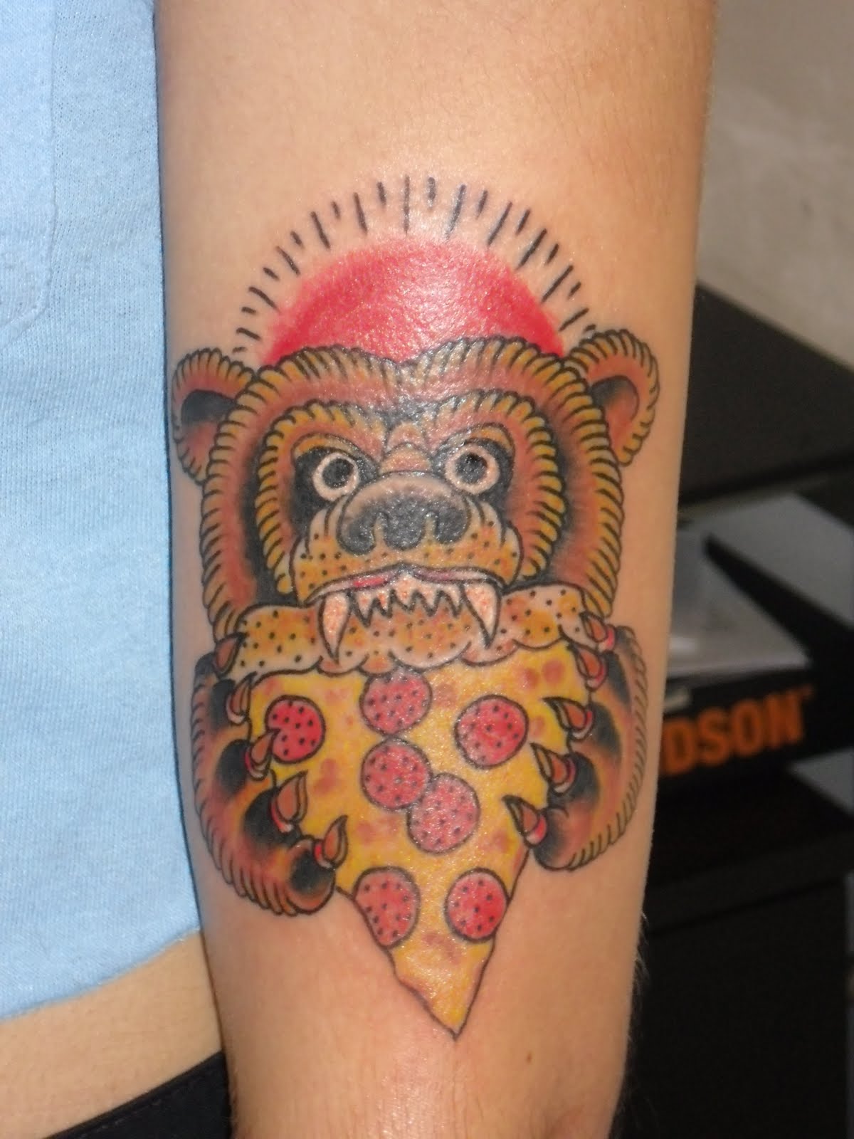 Bear Eating Pizza Tattoo.