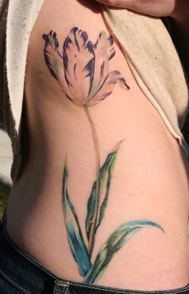 Beautiful Big Tulip Plant Tattoo On Side Rib For Girls