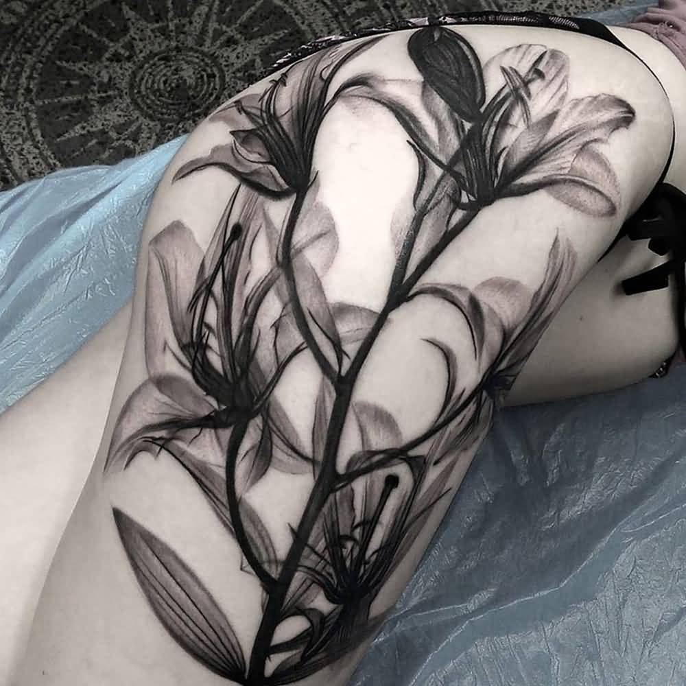 Beautiful Black Flower Plant Tattoo On Leg By Matt Jordan