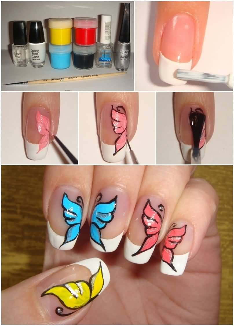 Beautiful Butterflies Nail Art With White Tip Design Tutorial