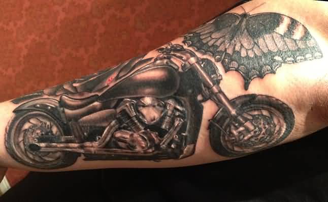 Beautiful Butterfly And Harley Davidson Bike Tattoo On Lower Arm