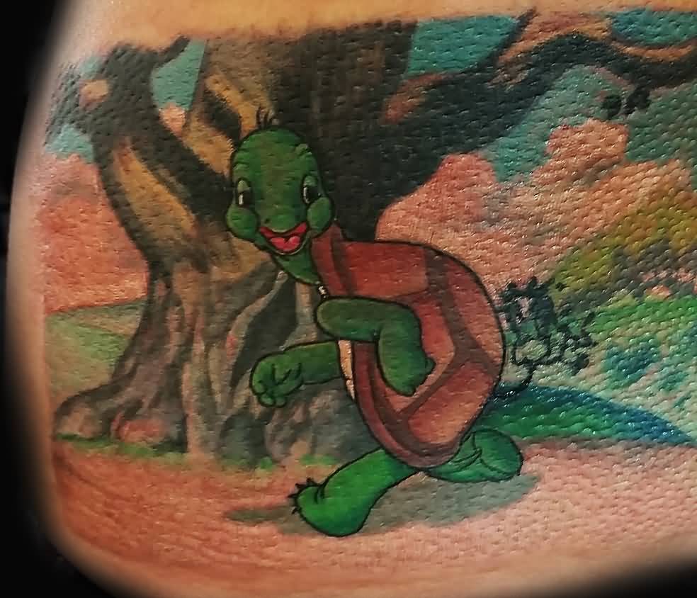Beautiful Cartoon Tortoise Running Near Tree Colored Tattoo