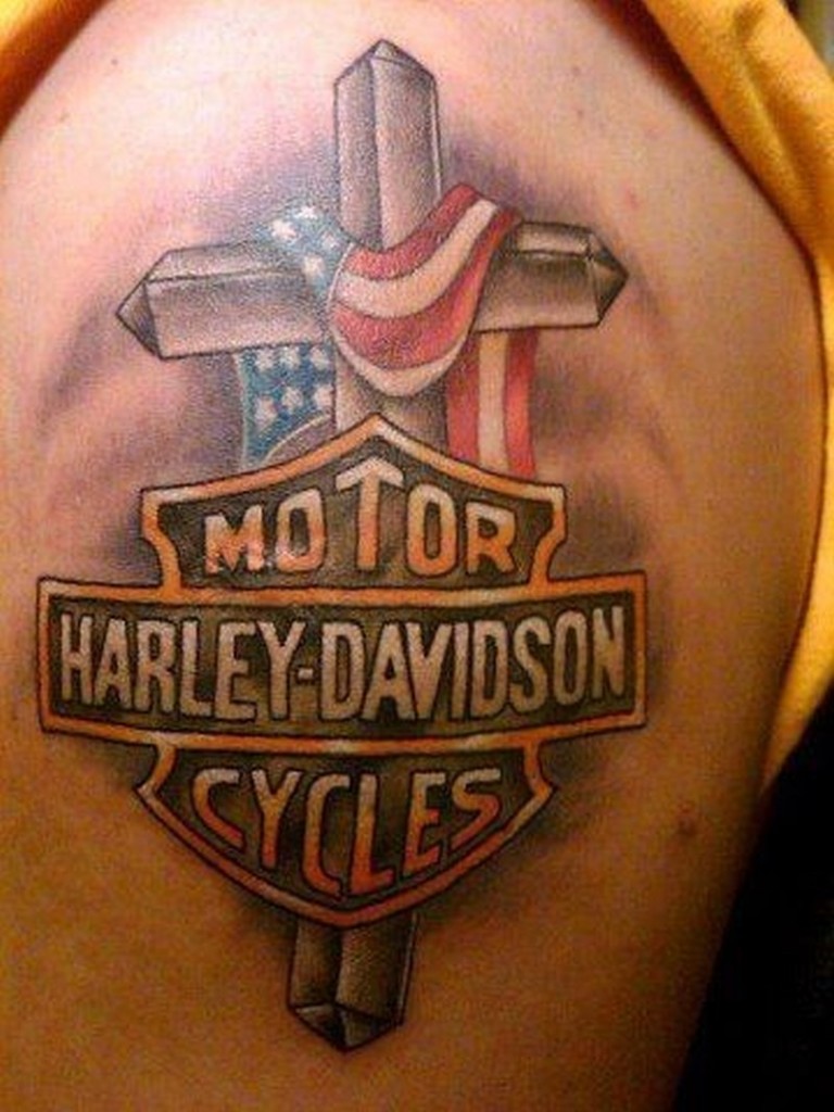Beautiful Cross Harley Davidson Bike Logo Tattoo On Left Shoulder