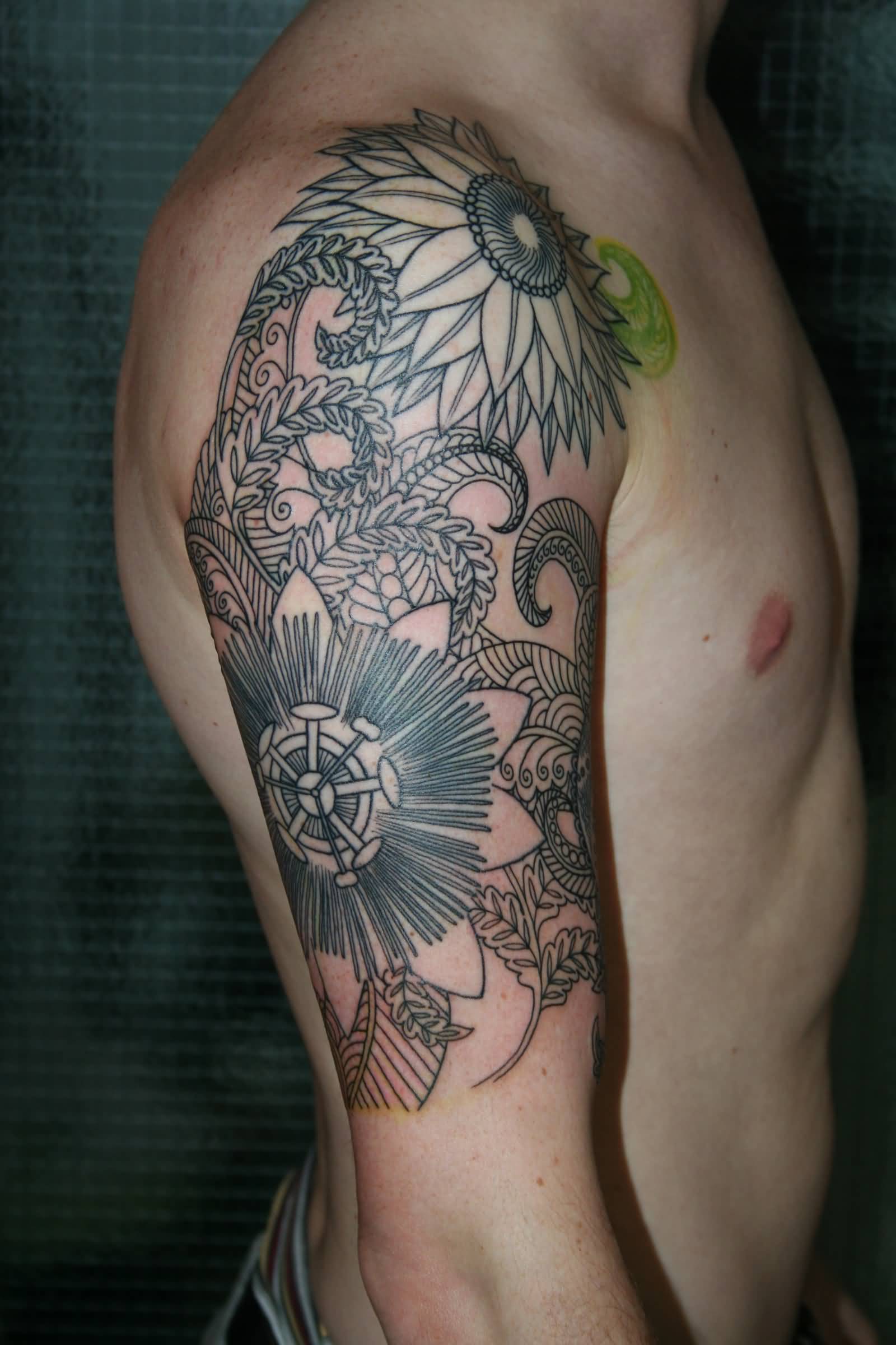 Beautiful Flower Plant Tattoo On Right Half Sleeve For Men