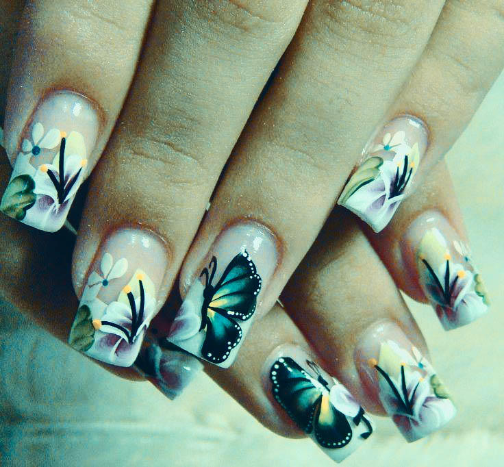 Beautiful Green Butterflies With White Flowers Nail Art