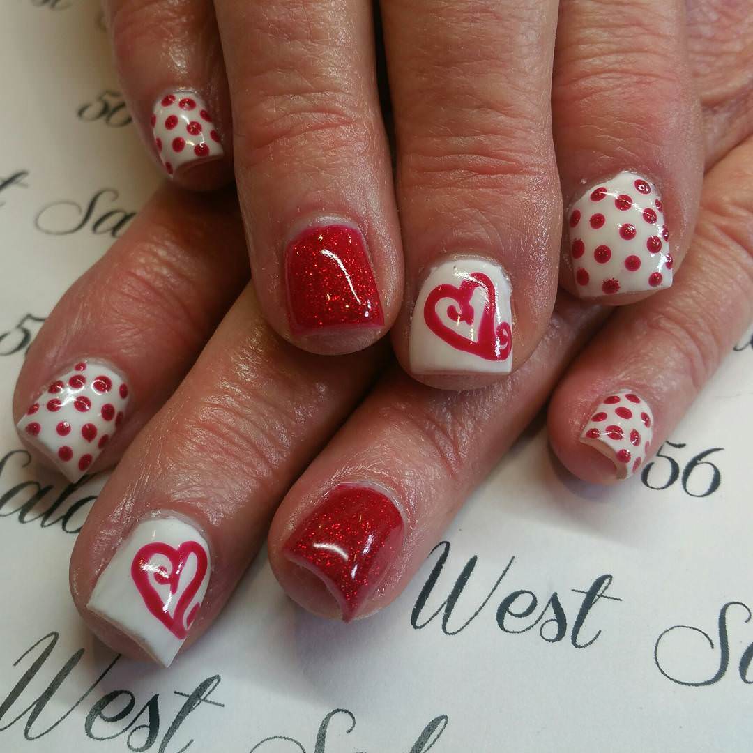 Beautiful Pink Outline Heart Nail Art With Polka Dots Design Idea