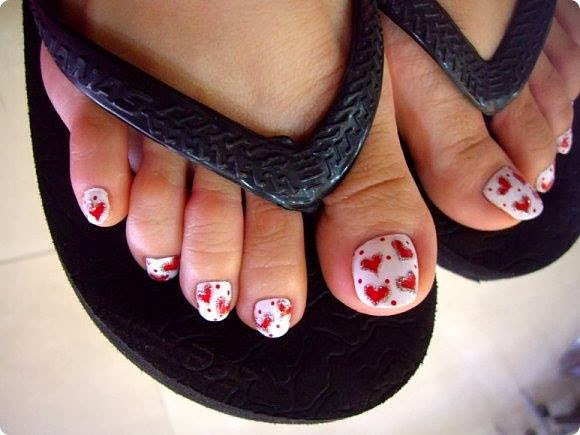 Beautiful Red Hearts Nail Art For Toe Nails