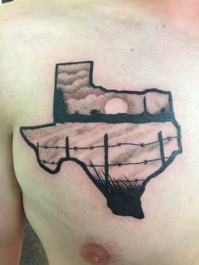 Beautiful View In Texas Map Tattoo On Right Chest