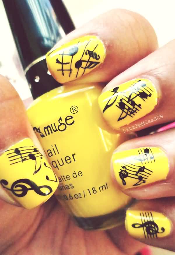 Beautiful Yellow Music Nail Art Design Idea