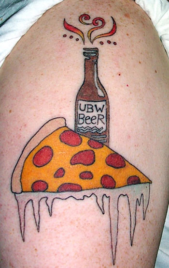 Beer Bottle With Pizza Slice Tattoo