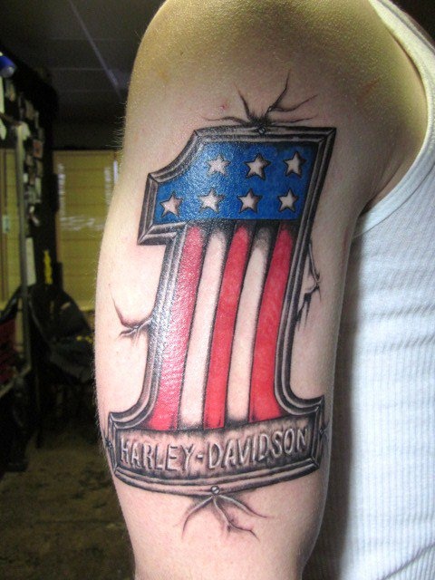 Big American Flag One Harley Davidson Logo Tattoo On Right Half Sleeve