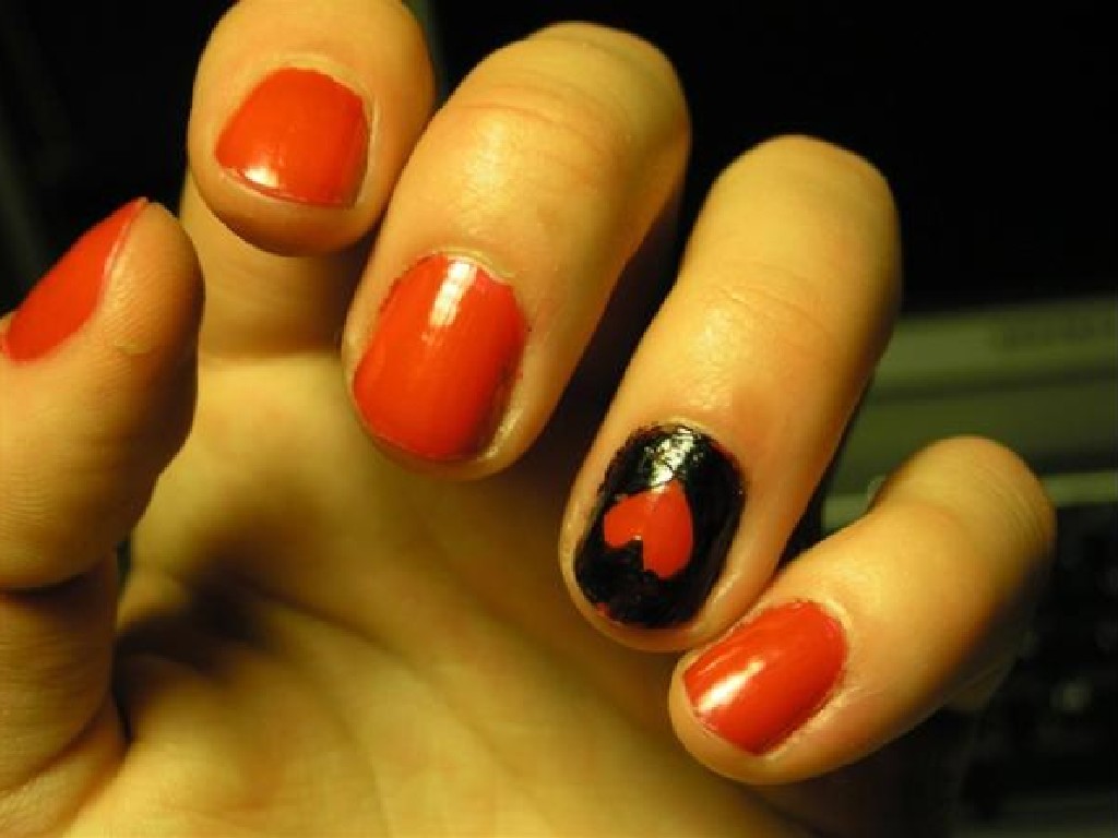 Black Accent Nail With Red Heart Nail Art