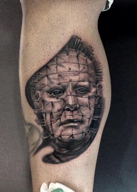 Black And Grey Portrait Of Pinhead Tattoo By Ryan Mullins