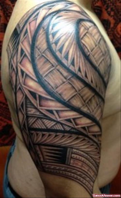 Black And Grey Samoan Tattoo On Right Half Sleeve