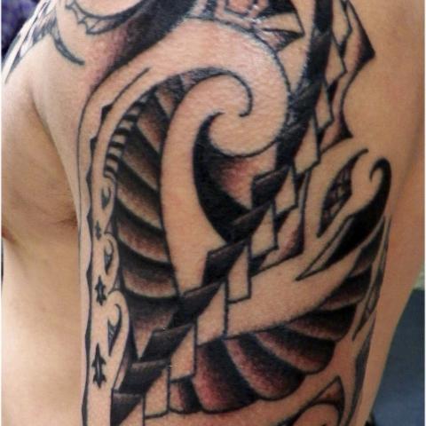 Black And Grey Samoan Tribal Tattoo On Left Half Sleeve