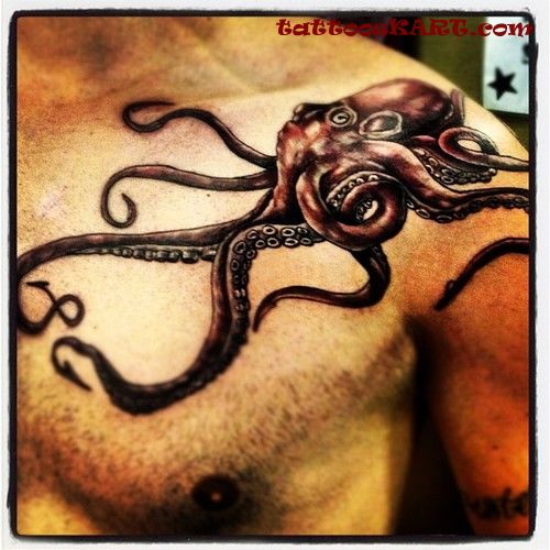Black And Grey Sea Creature Octopus Chest Tattoo