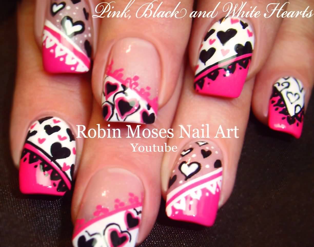 Black And Pink Heart Nail Art