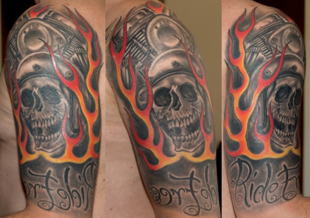 Black And Red Flaming Harley Bike Engine And Skull Tattoo