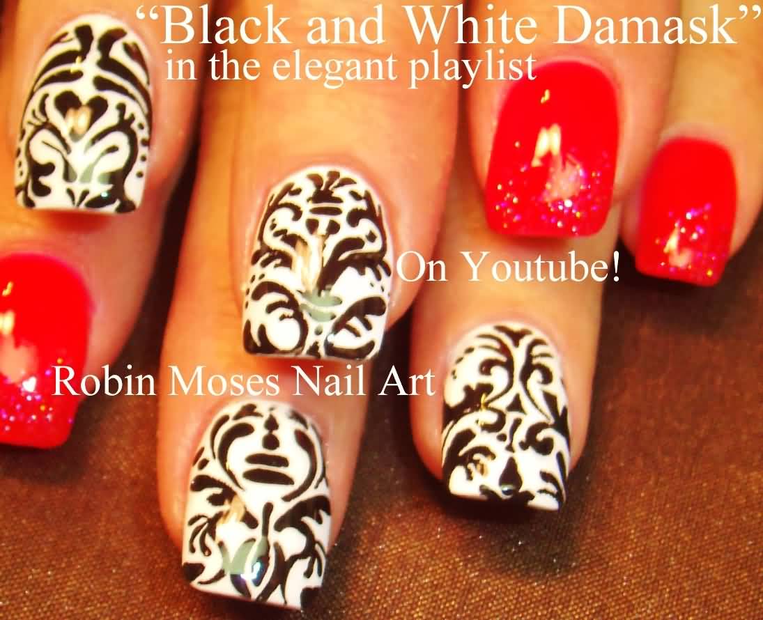 Black And White Damask Nail Art Design Idea