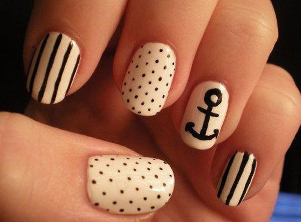 Black And White Dots And Stripes With Nautical Sign Nail Art