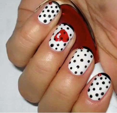 Black And White Dots Nail Art With Red Heart Design Idea