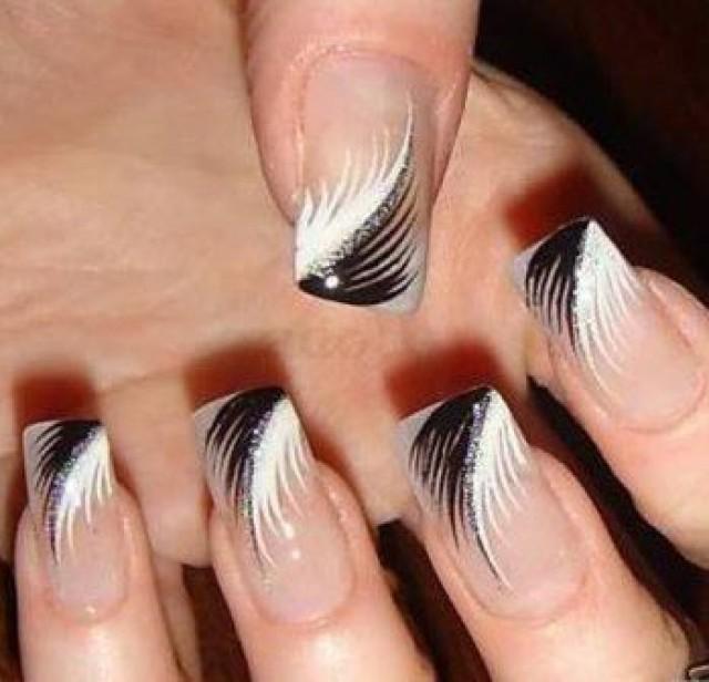 Black And White Feather Design Nail Art