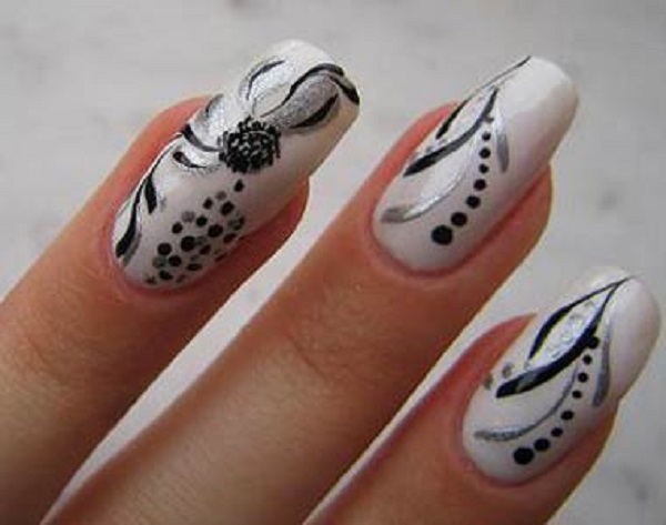 Black And White Floral Design Nail Art